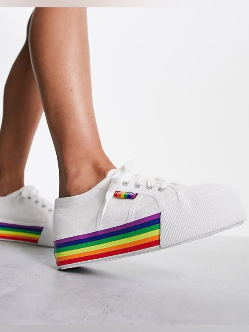 Superga White Platform Sneakers with Rainbow Stripe